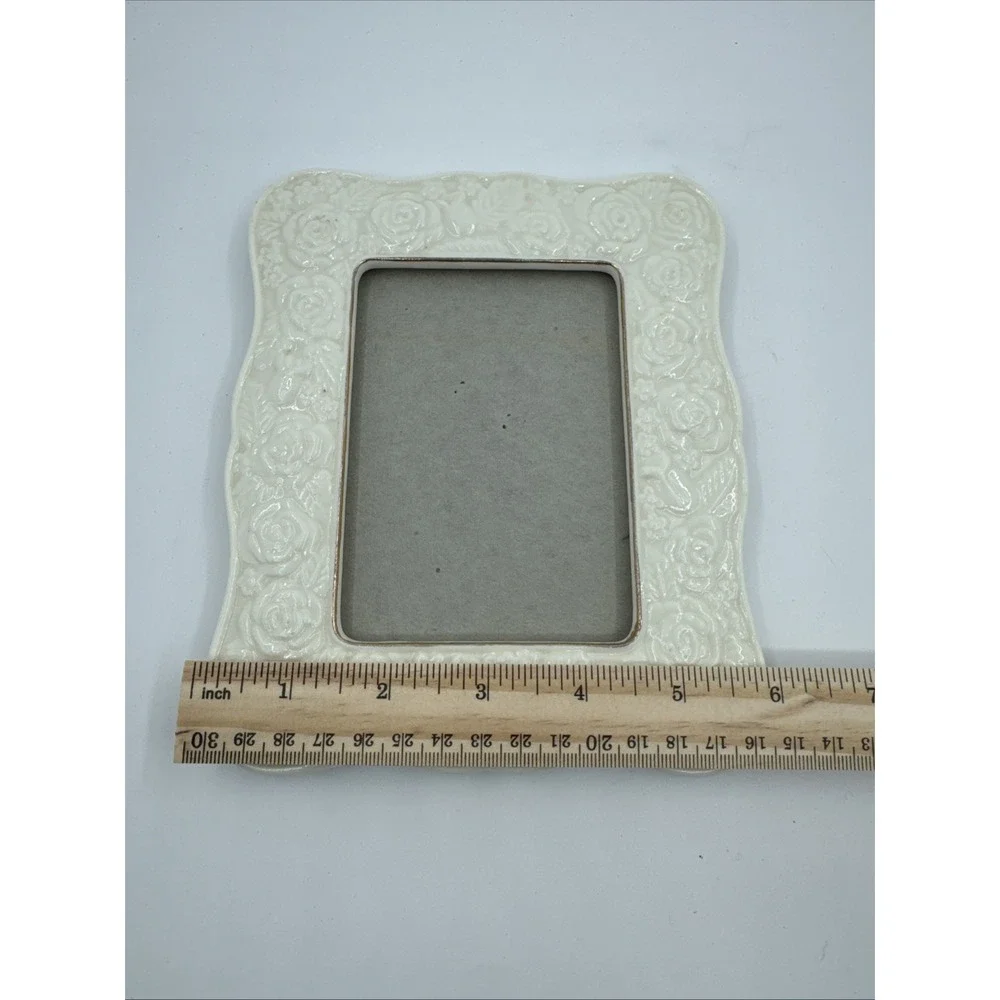 Vintage Ceramic Picture Frame Embossed Roses Romantic 6.5 x 6 Feminine Coquette